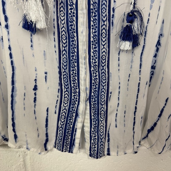 Chico's Button Up Top Blue Tie-Dye Crochet Tassel Neck Tie Sheer Boho Artsy XL - Picture 4 of 15